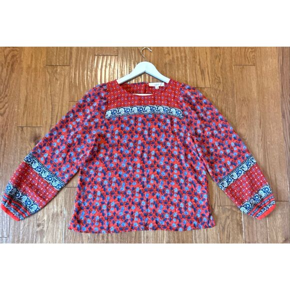 Loft red floral geometric border long sleeve blouse M - Picture 11 of 11